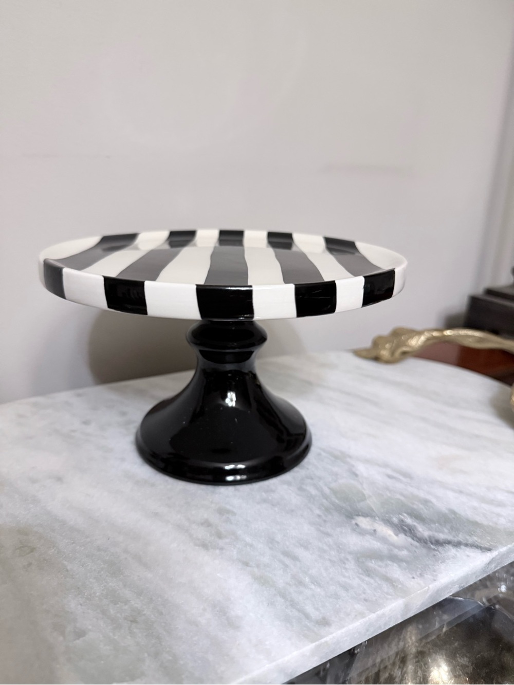 Mackenzie Childs Inspired Black & White Striped Ceramic Pedestal Cake Stand